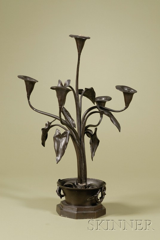 Appraisal: Asian Export Patinated Bronze Five-light Candelabra early th century each