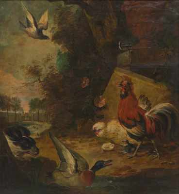 Appraisal: Continental School th Century A large painting of fowl and