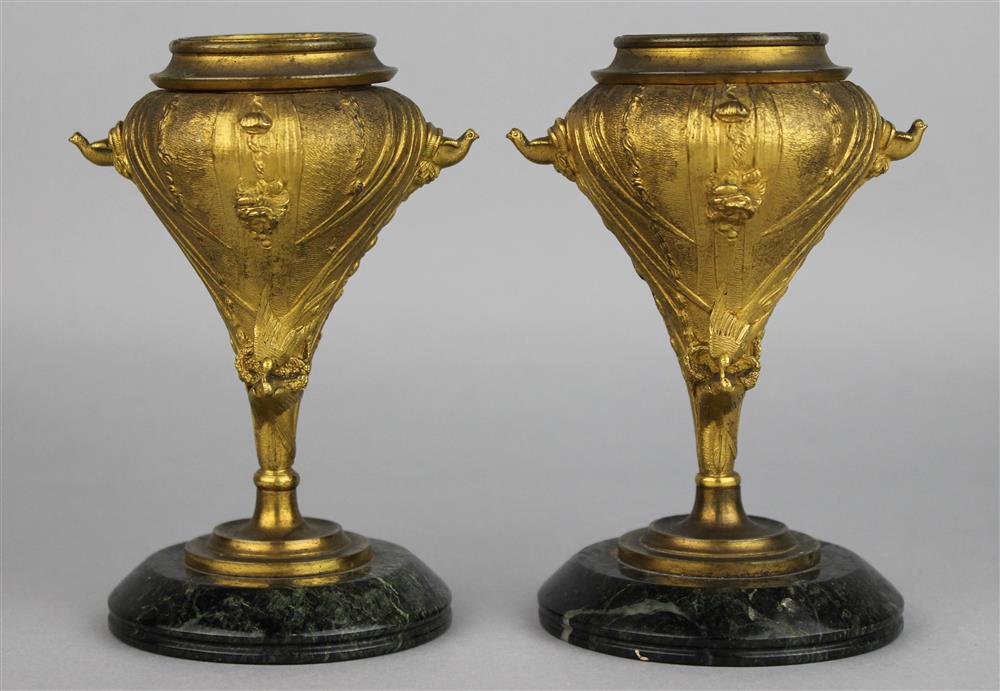 Appraisal: PAIR OF FRENCH GILT BRONZE AND GREEN MARBLE STANDS late