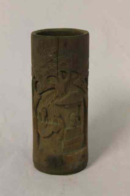 Appraisal: A CHINESE CARVED BAMBOO CYLINDRICAL VASE having three scholars carved