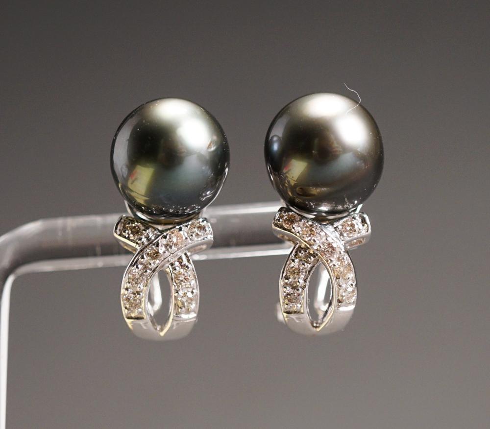 Appraisal: PAIR OF -KARAT WHITE-GOLD TAHITIAN PEARL AND DIAMOND FRENCH CLIP