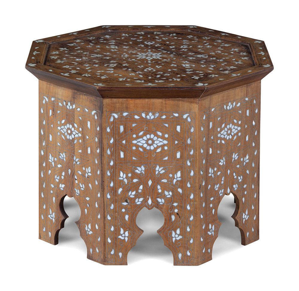 Appraisal: A Syrian Mother-of-Pearl and Metal Inlaid Walnut Table A Syrian