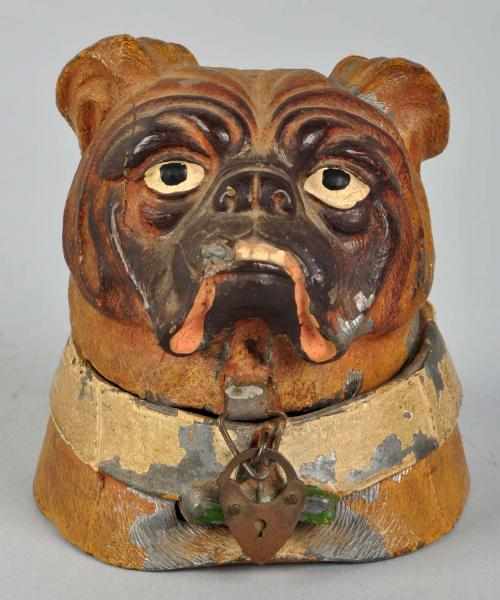 Appraisal: Lead Bulldog Head Still Bank Includes lock Condition Excellent Plus