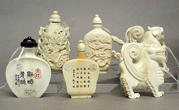 Appraisal: Six carved ivory snuff bottles Two in the form of