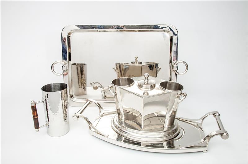 Appraisal: Silver-Plate and Chrome Bar Accessories Comprising a hammered silver-plated pitcher