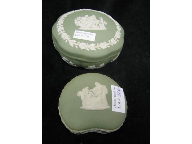 Appraisal: Wedgwood Green Jasperware Dresser Boxes classical maiden decor excellent