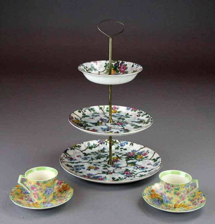 Appraisal: Pcs Chintzware and PorcelainConsisting of a -tiered sandwich petit fours