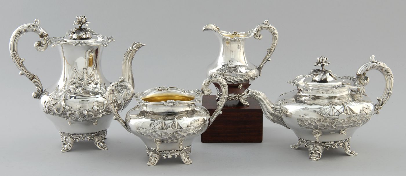 Appraisal: FOUR-PIECE ENGLISH SILVER TEA AND COFFEE SET London With chased