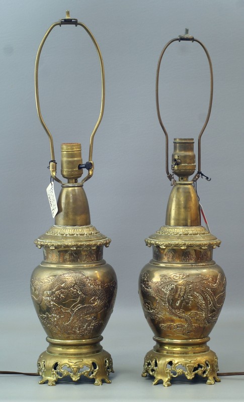 Appraisal: Pair of Oriental Brass Vases mounted as lamps with French