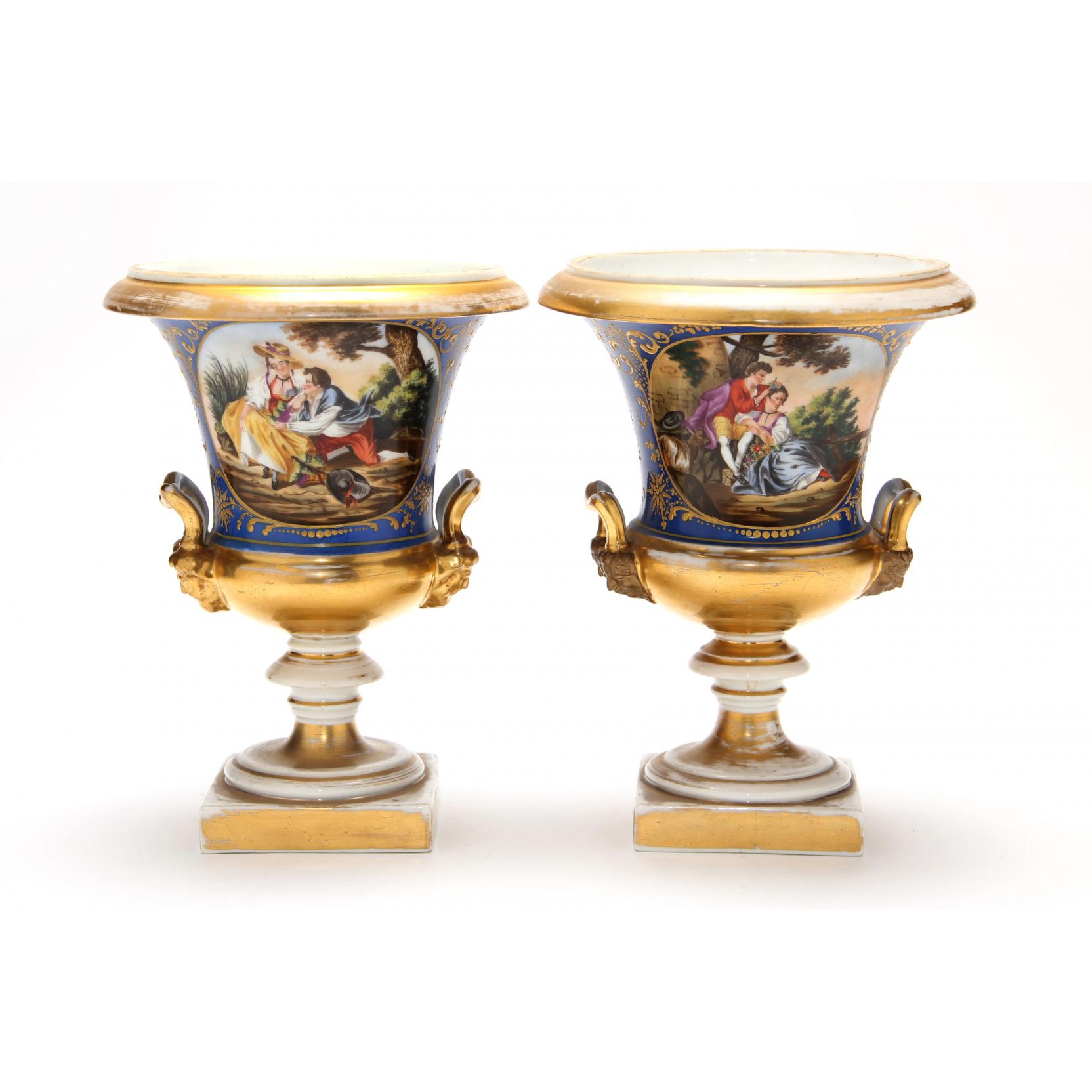 Appraisal: Pair of Paris Porcelain Mantle Urns late th century gilt