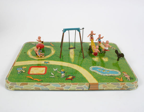 Appraisal: Lee mechanical tin litho key wind playground with six child