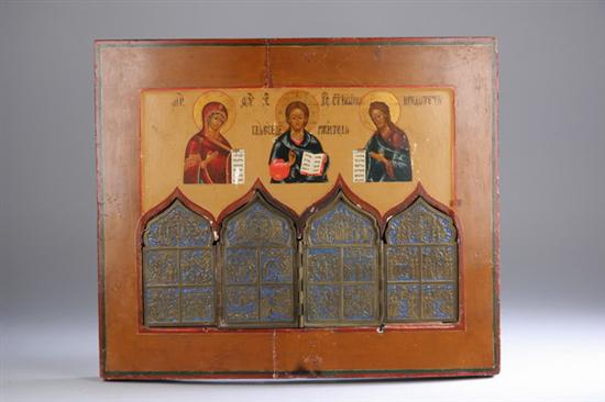 Appraisal: LARGE RUSSIAN ICON th century Top register depicting Christ flanked