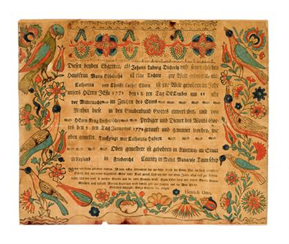 Appraisal: Fraktur taufschein for Catharina Diederly Frederick Maryland printed at ephrata