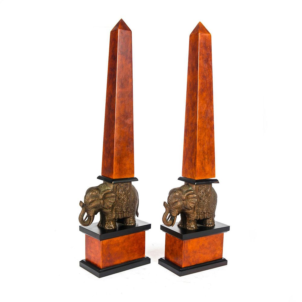 Appraisal: VINTAGE BERNINI BURLWOOD BOOKEND OBELISKS BRONZE ELEPHANTS tall hand carved