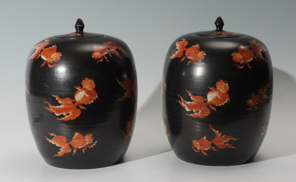 Appraisal: PAIR CHINESE GOLDFISH MOTIF GINGER JARS Painted with goldfish motif