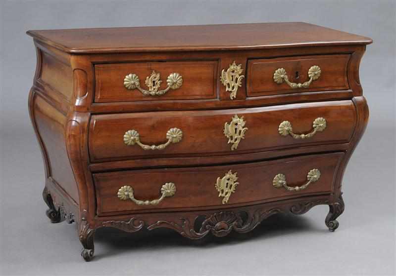 Appraisal: LOUIS XV STYLE PROVINCIAL BRASS-MOUNTED CARVED MAHOGANY COMMODE x x