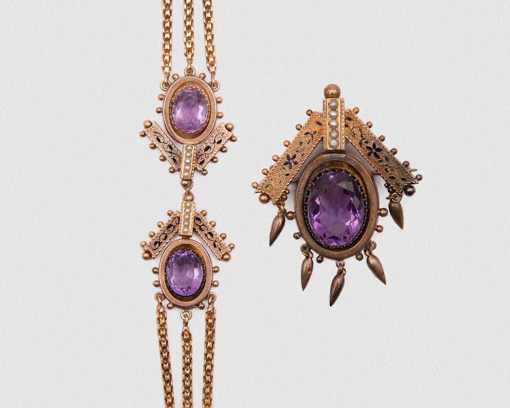 Appraisal: K Yellow Gold Amethyst Seed Pearl and Enamel Suite K