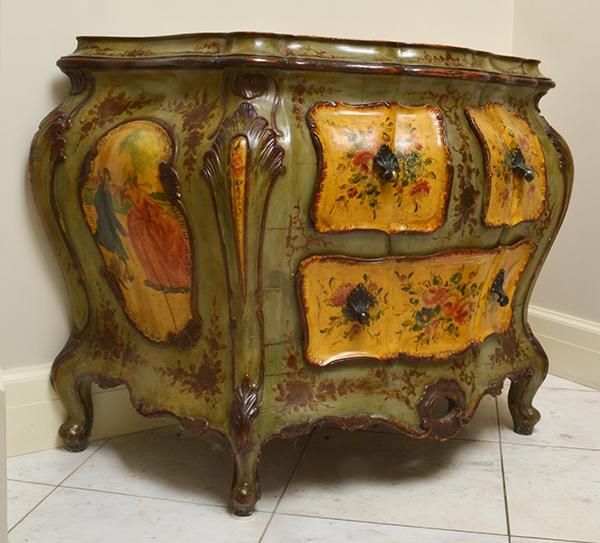 Appraisal: A VENETIAN STYLE POLYCHROME BOMBE COMMODE X X CM