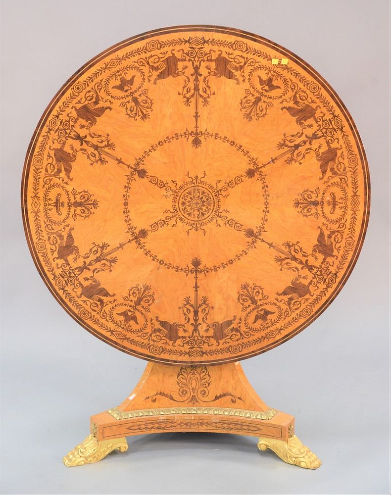 Appraisal: Round contemporary pedestal center table inlaid top on triangle shaft