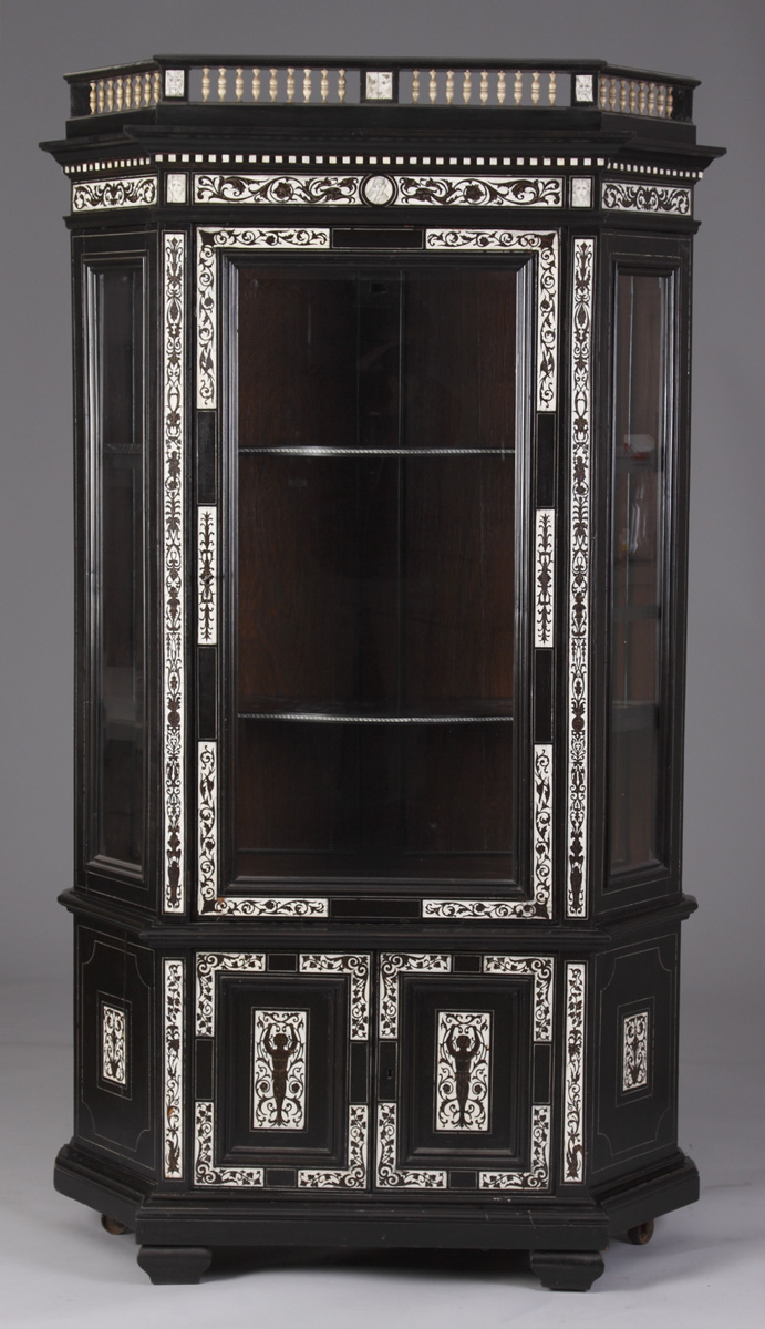 Appraisal: Ebonized Ivory Inlaid Italian Beveled-side Cabinet th cent shelves lower