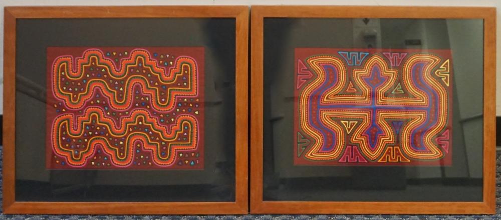 Appraisal: TWO PANAMANIAN EMBROIDERED MOLA PANELS WITH RED GROUND FRAME X