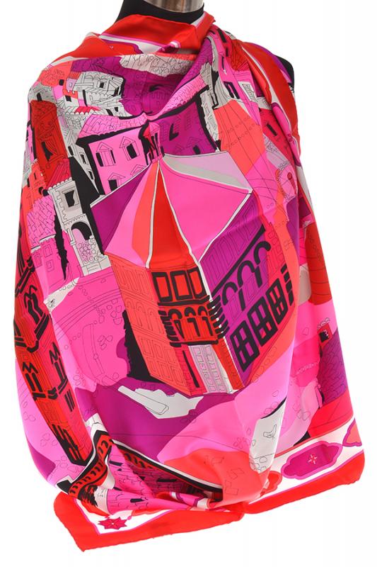 Appraisal: A 'S PUCCI SCARF Silk with village scene in magenta