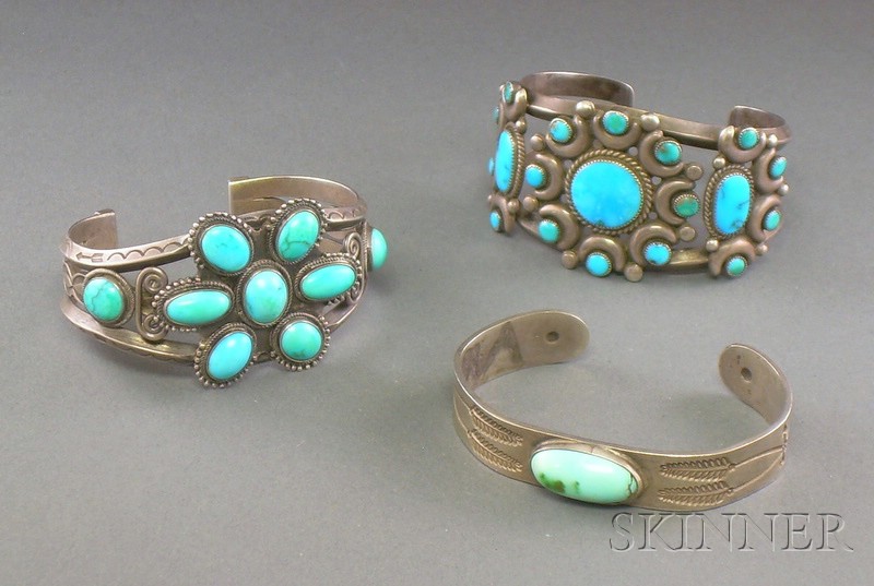 Appraisal: Three Southwest Silver and Turquoise Bracelets Navajo first half th