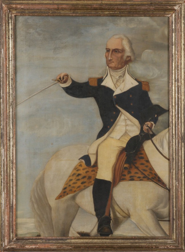 Appraisal: Portrait of Washington seated on horse with sword drawn oil