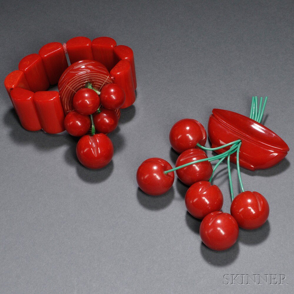 Appraisal: Bakelite Cherries Pin and Stretch Bracelet United States th century