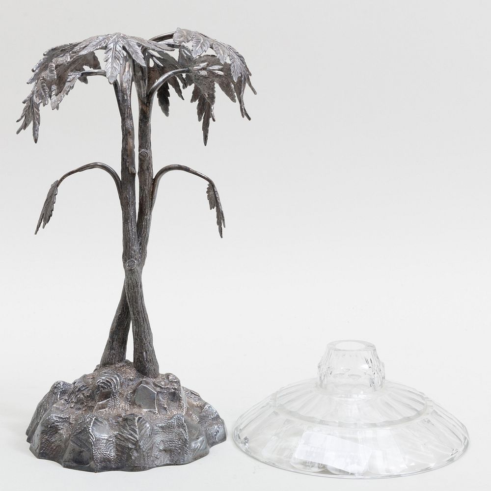 Appraisal: Silvered-Metal Palm Tree Centerpiece Stand with Glass Insert x in