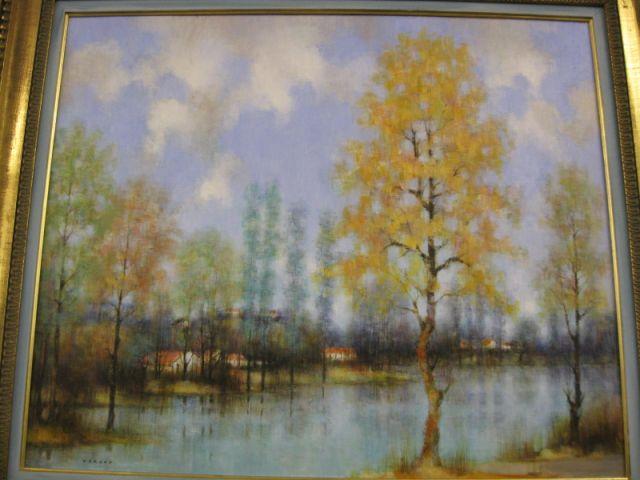 Appraisal: Vergne Oil Landscape with Homes along a river image area