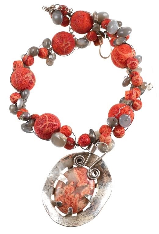 Appraisal: Custom contemporary necklace constructed of sponge coral beads and polished