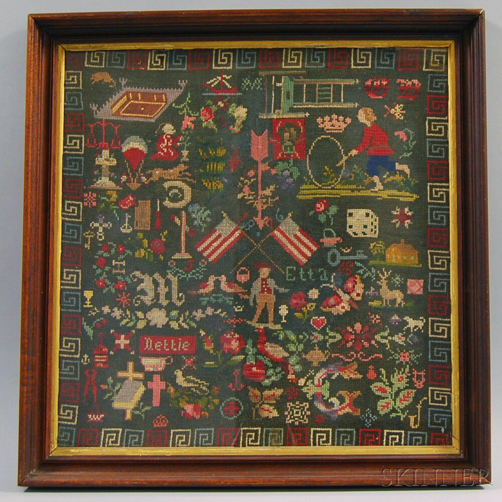 Appraisal: Framed th Century Wool Needlework Picture with various depictions of