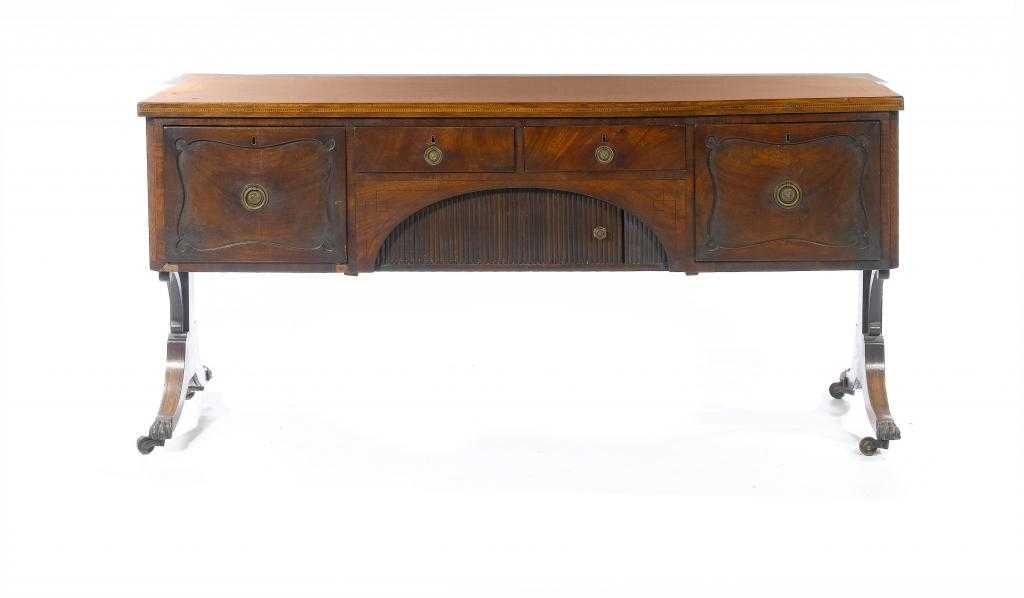 Appraisal: A GEORGE IV MAHOGANY AND EBONY LINE INLAID SIDEBOARD fitted