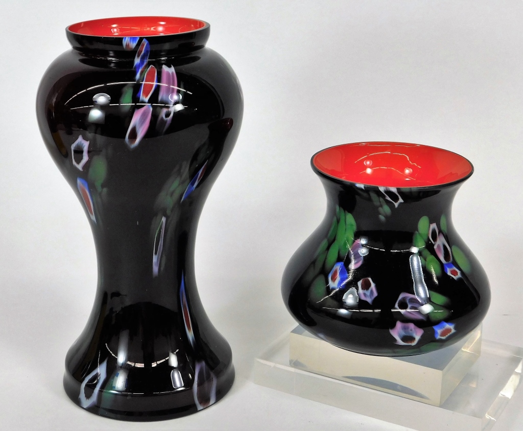 Appraisal: KRALIK BOHEMIAN RED CASED BLACK ART GLASS VASES Bohemia th