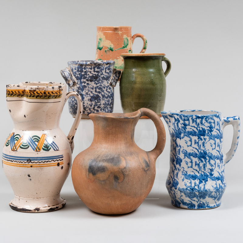 Appraisal: Group of Six Glazed Pottery Vessels Unmarked The largest x