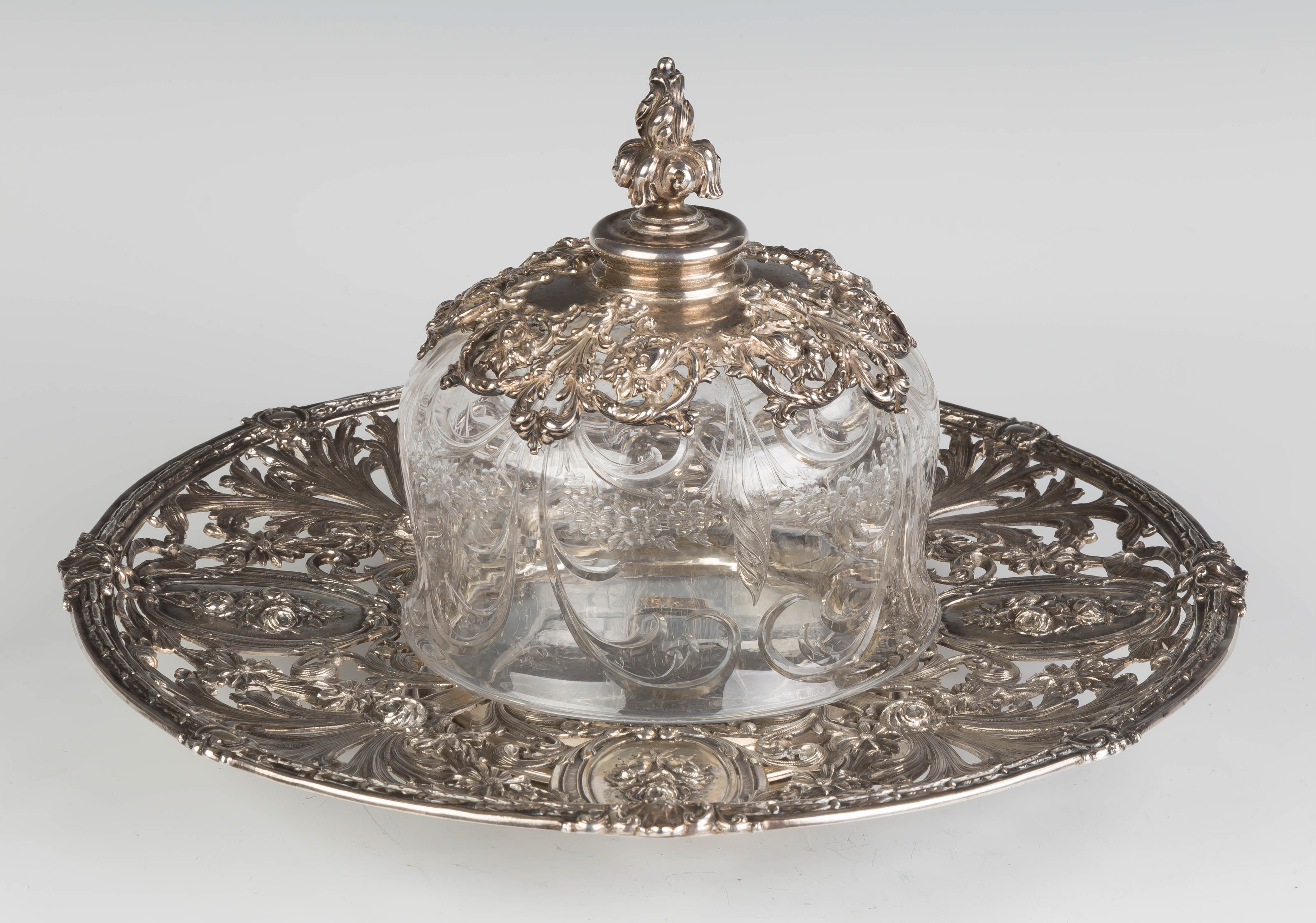 Appraisal: Sterling Silver Repousse Tray with a Cut Glass Cover Probably