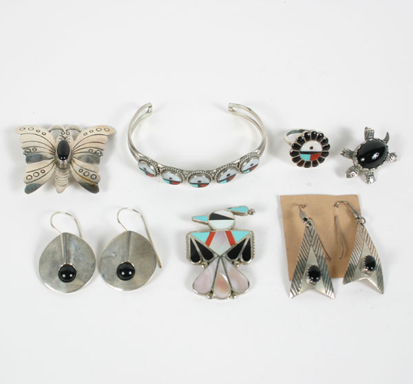 Appraisal: Lot of seven pieces Native American sterling jewelry including Zuni