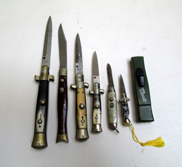 Appraisal: SEVEN AUTOMATIC KNIVES including mini Inox overall marbled plastic scales