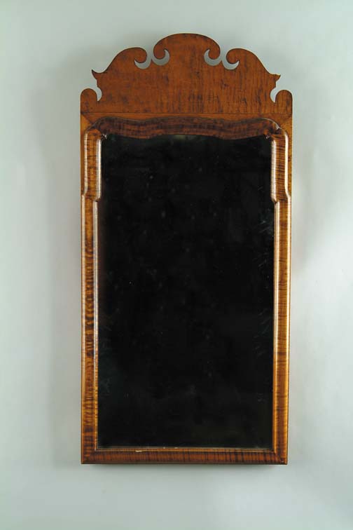 Appraisal: CUSTOM TIGER MAPLE QUEEN ANNE STYLE MIRROR Carved scroll top