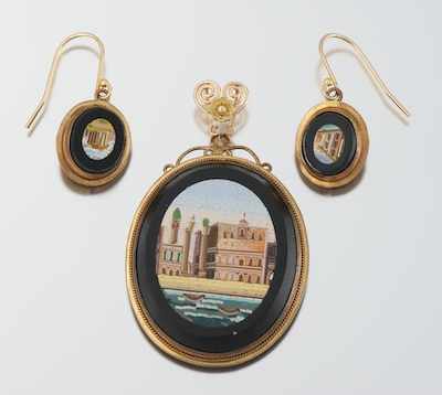 Appraisal: A Micromosaic Brooch and Ear Pendants Venetian scene micromosaic pendant