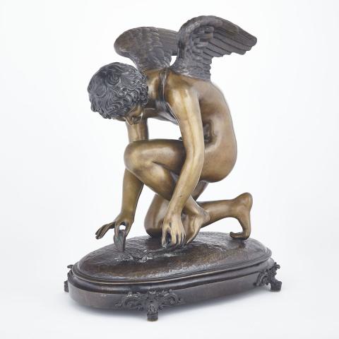 Appraisal: Patinated Bronze Figure of Kneeling Angel with Butterfly and Rose