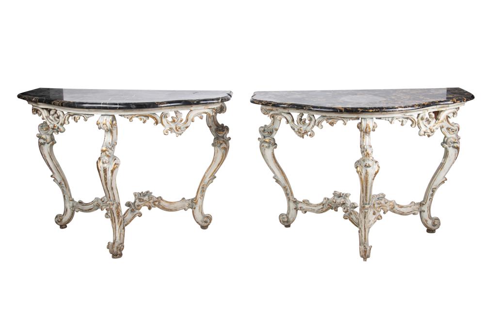 Appraisal: PAIR OF ITALIAN ROCOCO STYLE PAINTED PARCEL GILT CONSOLESthe serpentine