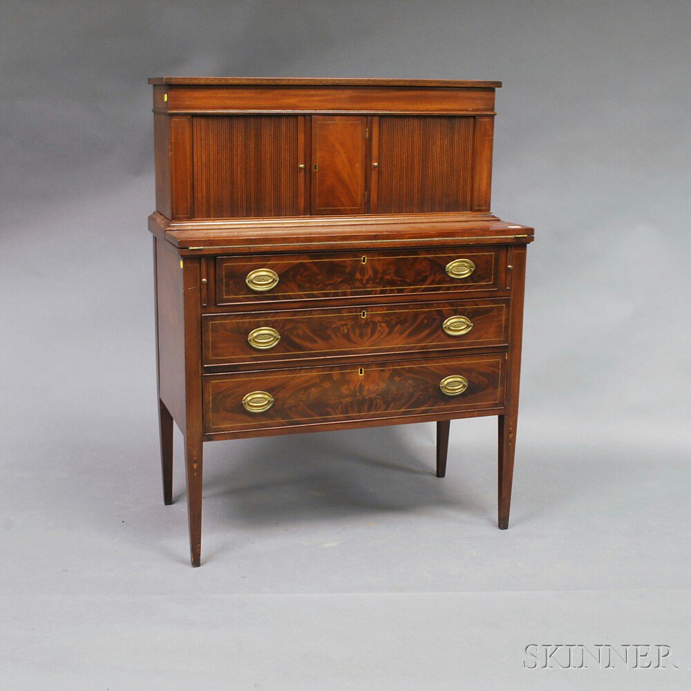 Appraisal: Federal-style Inlaid Mahogany Tambour Writing Desk the upper section with