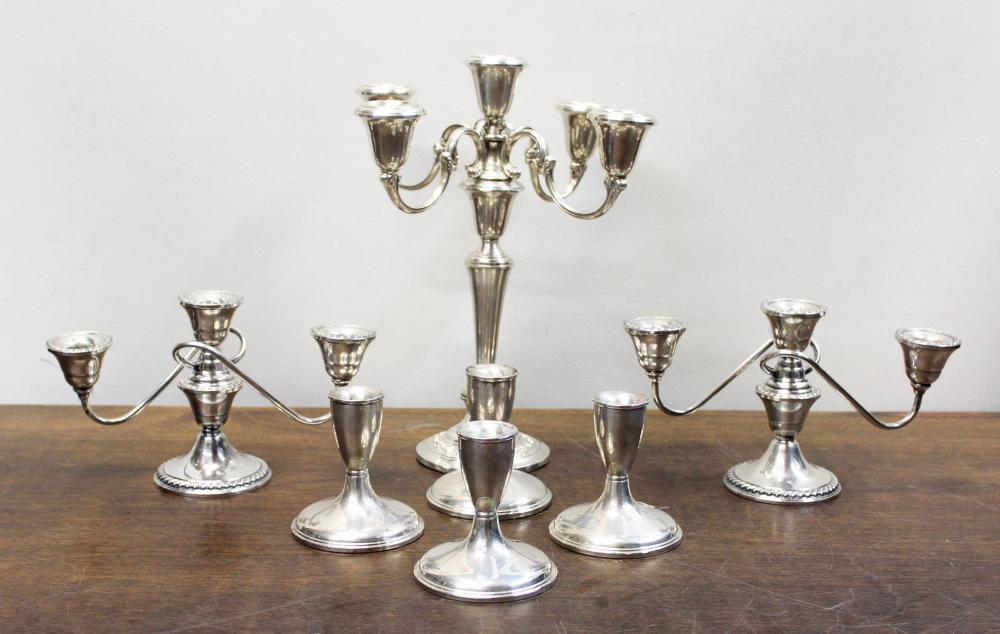 Appraisal: SEVEN STERLING SILVER HOLLOWWARE ITEMS all weighted including candelabrum H