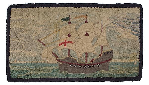 Appraisal: SHIP HOOKED RUG American ca wool on burlap Ship hooked