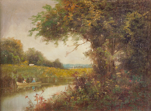 Appraisal: American School Classical Landscape with Boaters late th c Oil