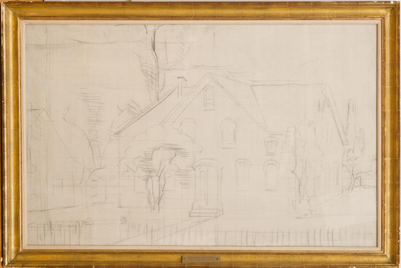 Appraisal: TH CENTURY SCHOOL HOUSE ON A STREET CORNER Charcoal on