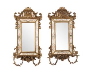 Appraisal: Pair of French Bronze Porcelain Mirrored Sconces French th century