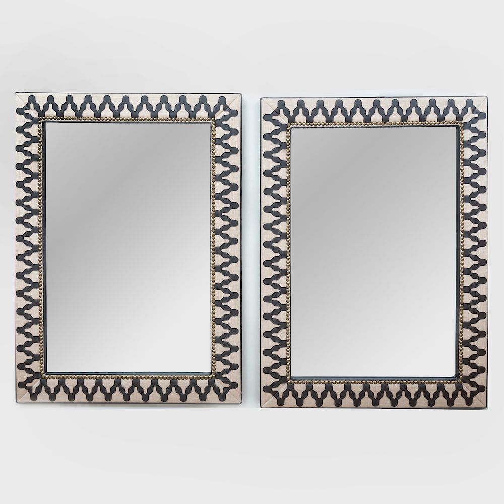 Appraisal: Pair of Modern Brass Linen and Leather Appliqued Mirrors Each